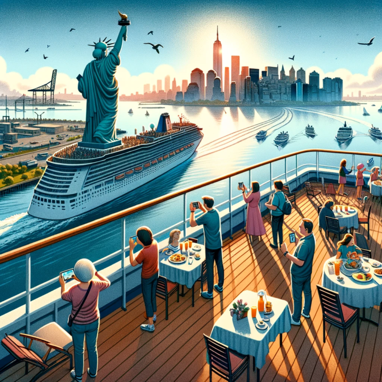 DALL·E 2023-12-11 20.24.21 - Illustration depicting the final day of a cruise trip, showing passengers on the deck of the ship as it approaches New York Harbor