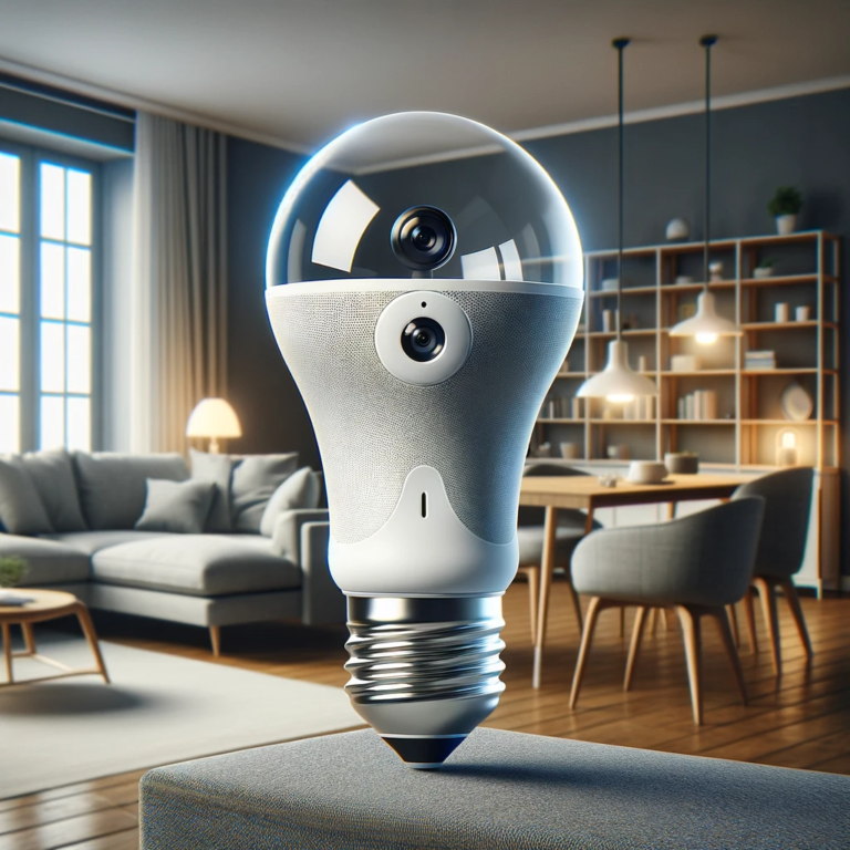 DALL·E 2023-12-28 21.55.24 - A modern, sleek light bulb camera integrated into a home setting