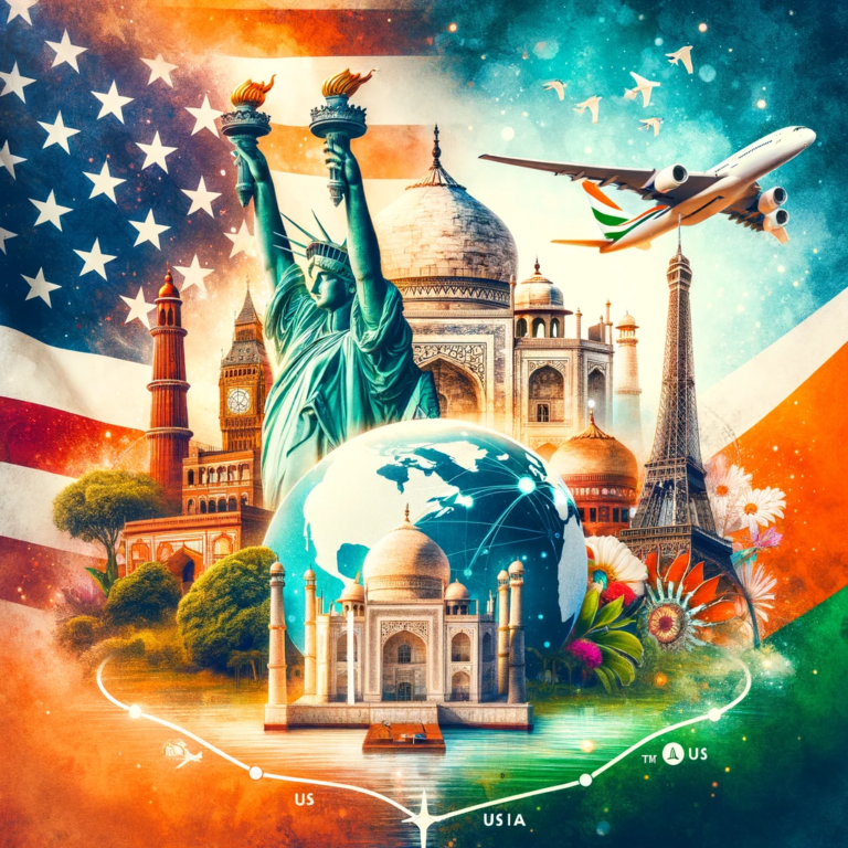 DALL·E 2024-01-01 21.38.56 - A vibrant and picturesque collage representing travel from the US to India