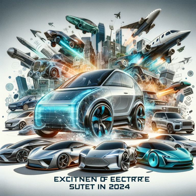 DALL·E 2024-02-01 20.31.37 - A dynamic collage featuring future electric vehicles set to launch in 2024